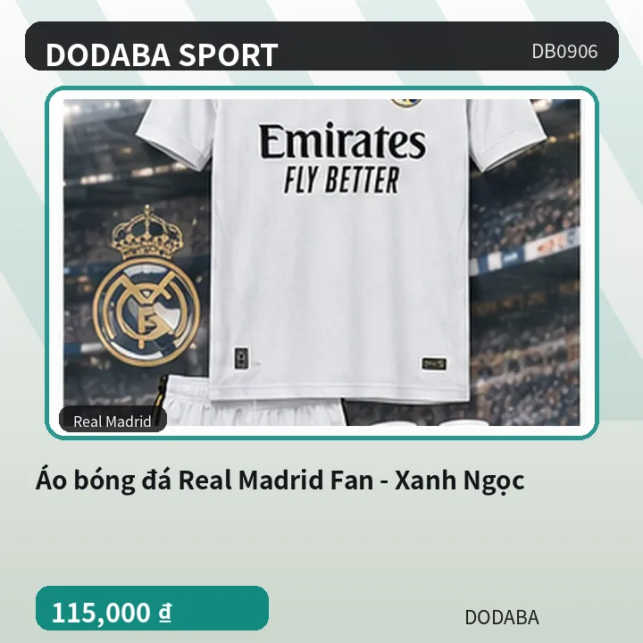 Áo bóng đá Real Madrid Fan - Xanh Ngọc